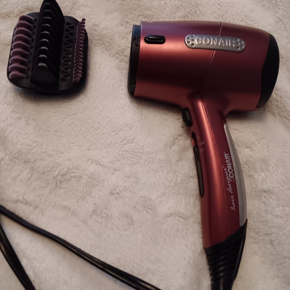 Conair Burgundy Hair Dryer w Attachment,  1875 Watts Works Pe some Scratche